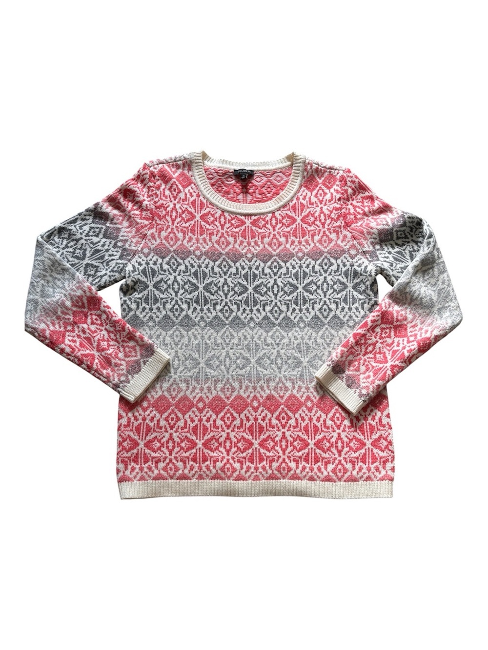 Talbots Fair Isle Lambswool Blend Pink Grey Knit Sweater Medium Crewneck Cozy